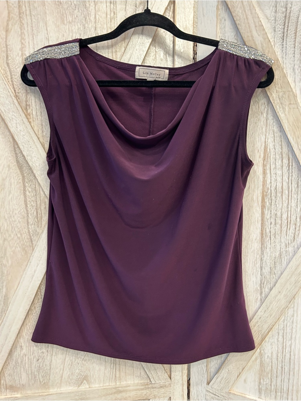 Liz McCoy Plum Beaded Shoulder Cowl Neck Tank
